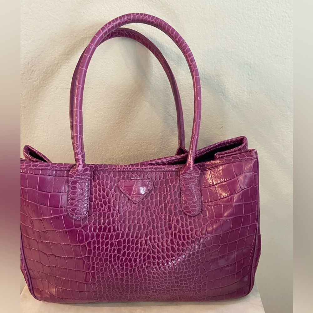 Longchamp Purple Croc Embossed Leather Roseau With Flaw Tote